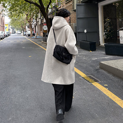 High-grade Woolen Horn Button Hooded Coat Medium length