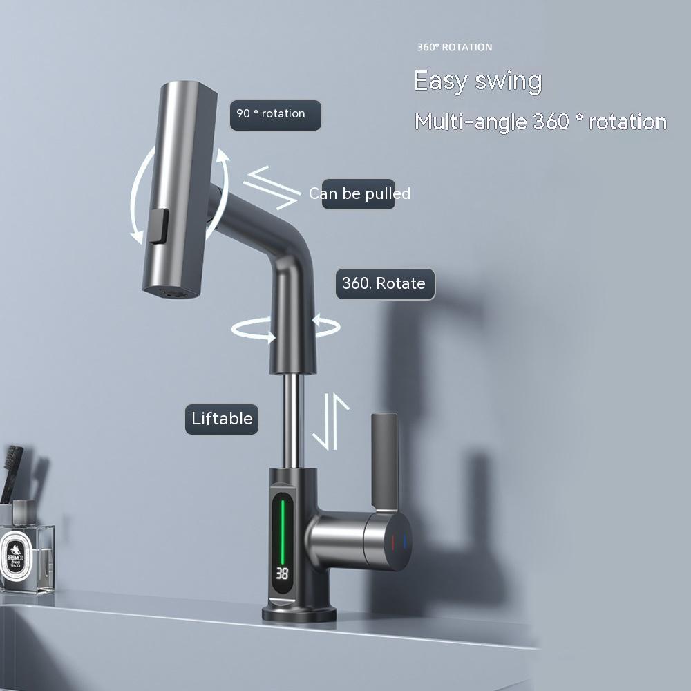 Smart digital display faucet, pull-out basin faucet, temperature digital display, rotation.