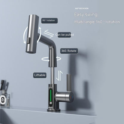 Smart digital display faucet, pull-out basin faucet, temperature digital display, rotation.