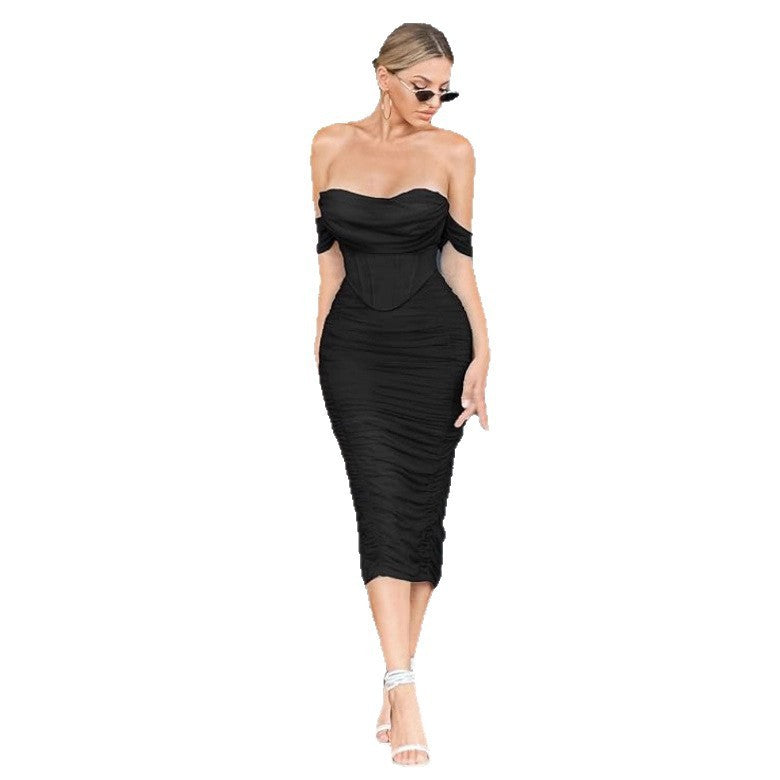 Cold-shoulder Bodycon Corset Pleated Mid-length Dress