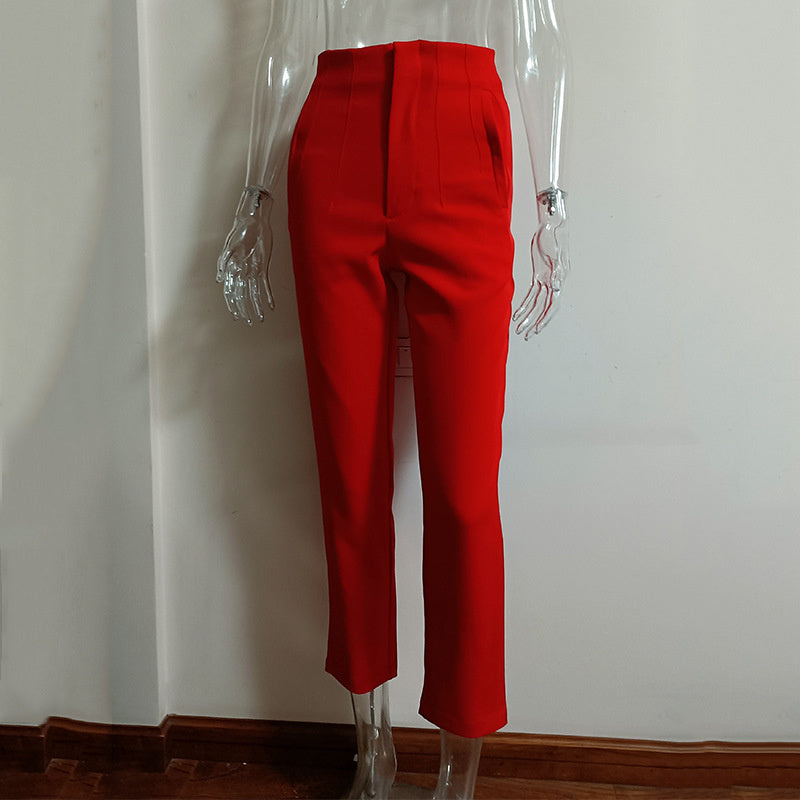 Basic Pleated Casual High Waist Pure Color Slim-fit Pants