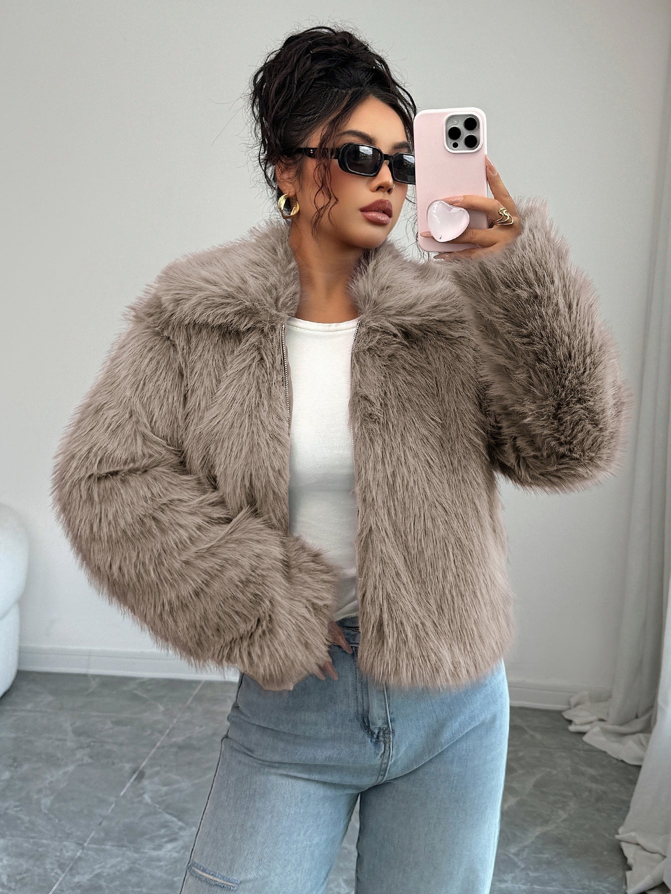 Elegant Elegant Style All-match Fluff Long-sleeved Overcoat Coat For Women