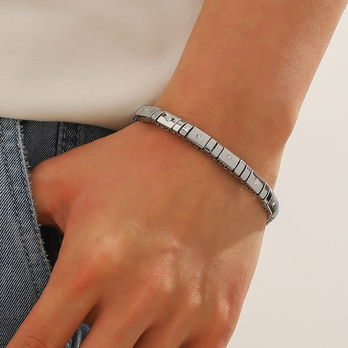 Cold Stainless Steel Diamond Elastic Bracelet for Men