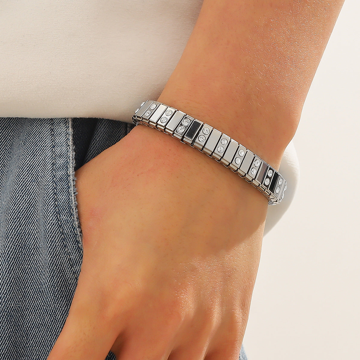 Cold Stainless Steel Diamond Elastic Bracelet for Men