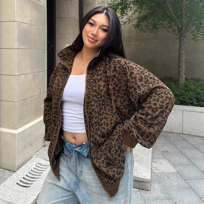 Women's Casual Leopard Print Corduroy Zip-up Long Sleeve Sweatshirt