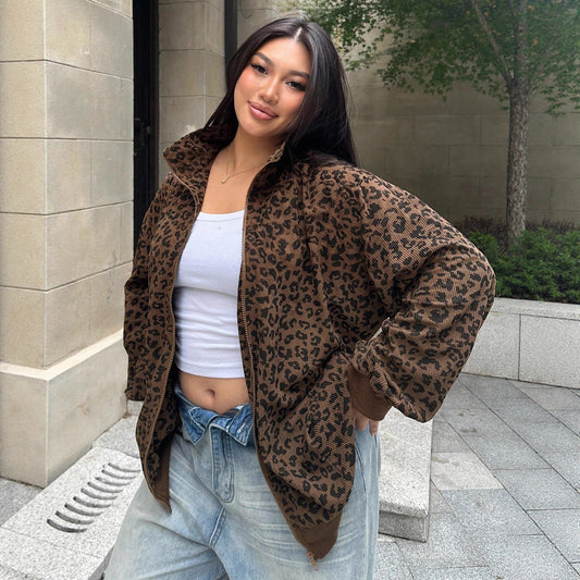 Women's Casual Leopard Print Corduroy Zip-up Long Sleeve Sweatshirt