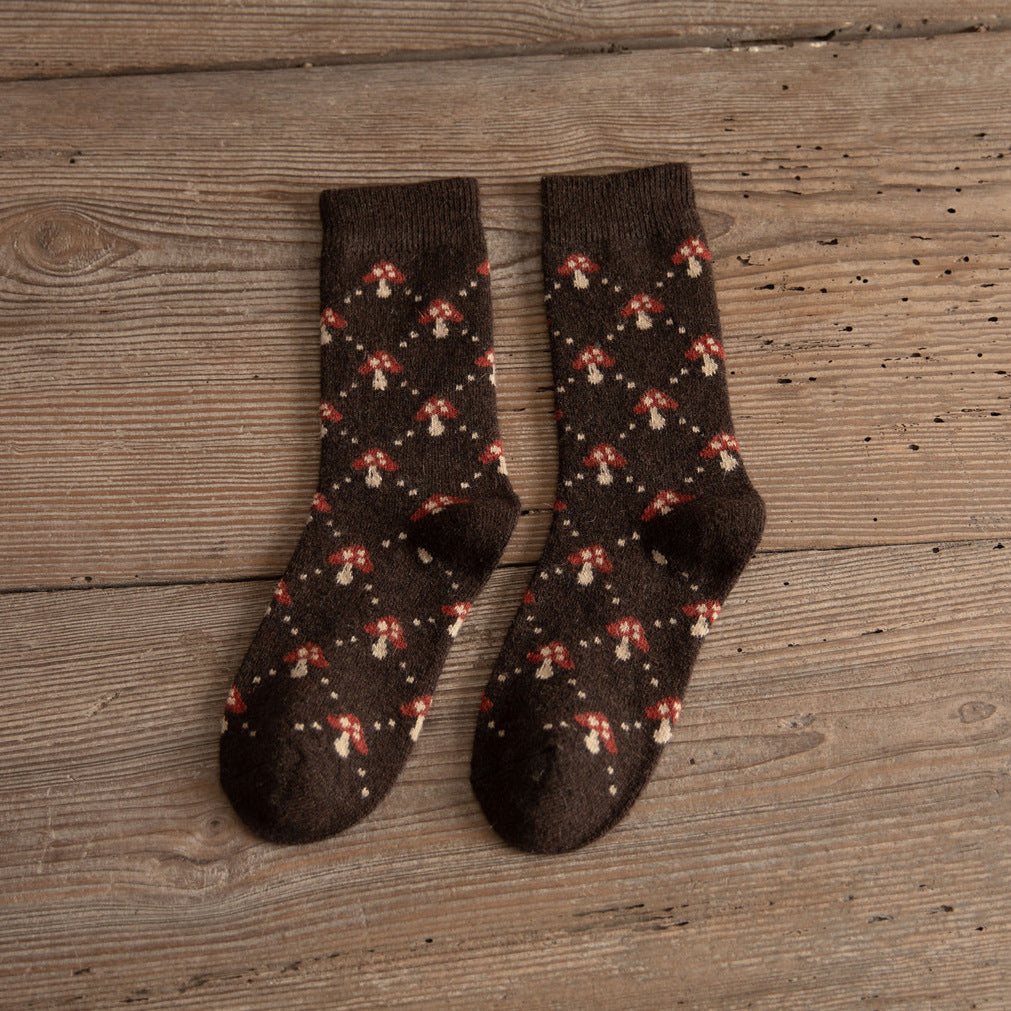 Medium Tube Thickened Brown Mushroom Wool Socks for Women