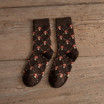 Medium Tube Thickened Brown Mushroom Wool Socks for Women