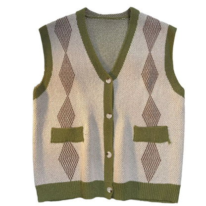 Rhombus V-neck Vest Sweater Cardigan for Men