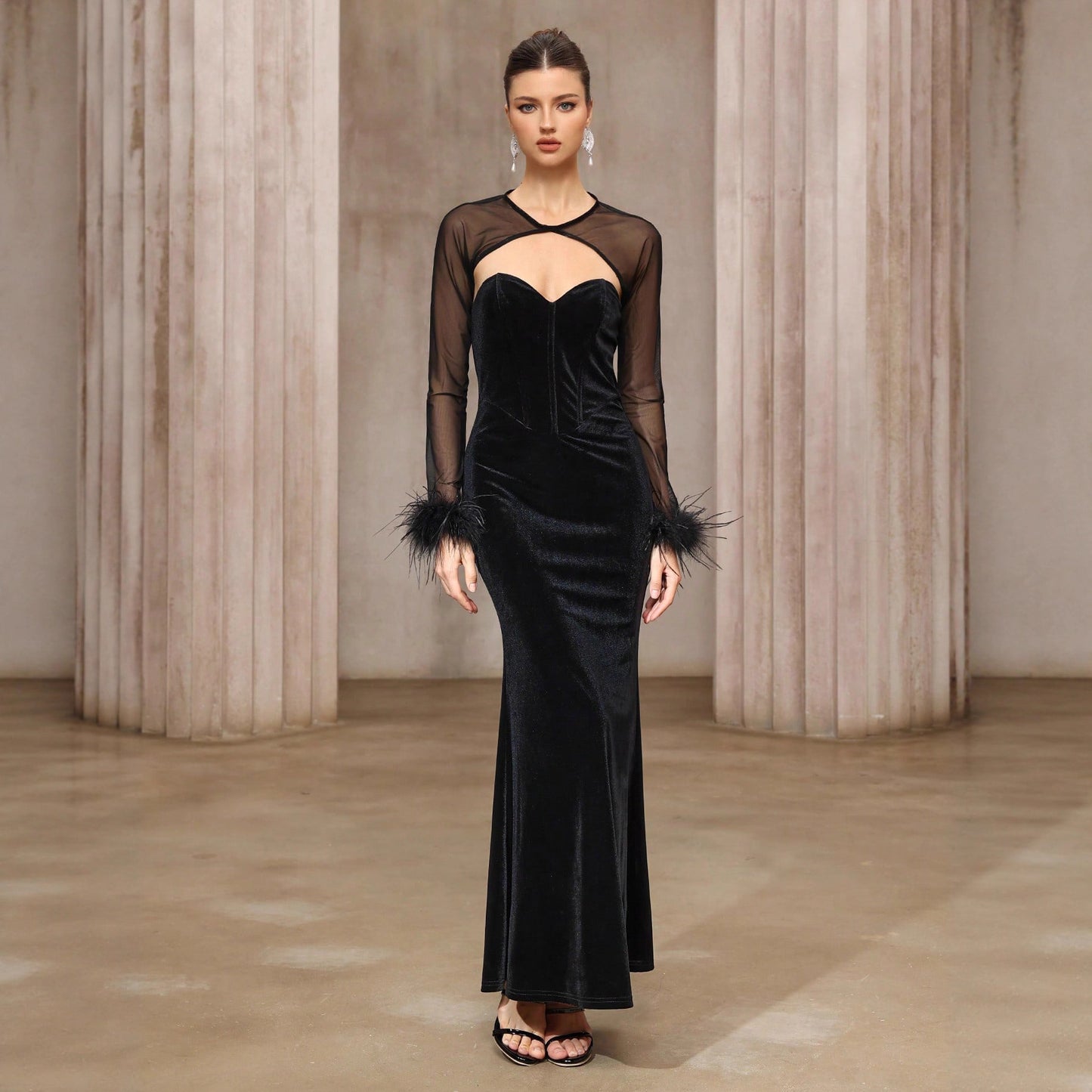 Semi-transparent Mesh Velvet Tube Top Dress Two-Piece Set