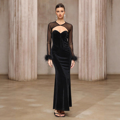 Semi-transparent Mesh Velvet Tube Top Dress Two-Piece Set