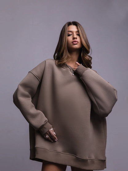 New Women's Polar Fleece Brushed Hoody Casual Round Neck Sweater