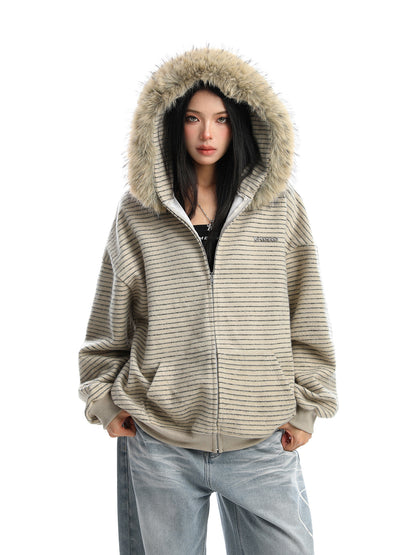 American Striped Detachable Big Fur Collar Hoodie