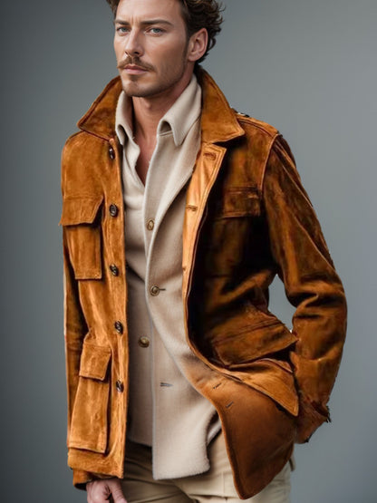 Men's Regular Cowhide Casual Coat And Trench Coat Multi-pocket