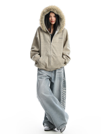 American Striped Detachable Big Fur Collar Hoodie