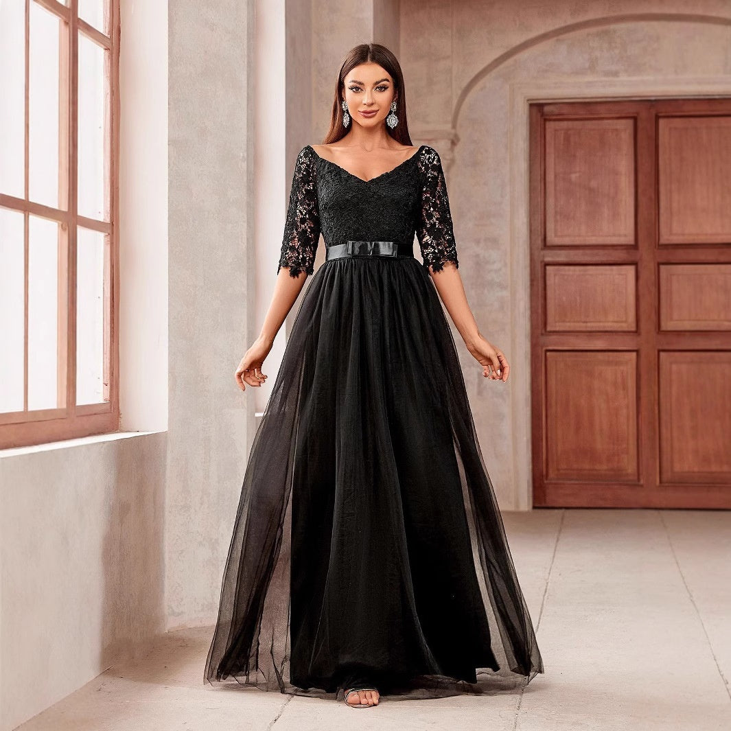 European And American V-neck Lace Off Shoulder Princess Dress
