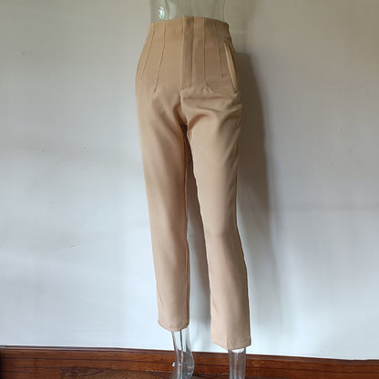 Basic Pleated Casual High Waist Pure Color Slim-fit Pants