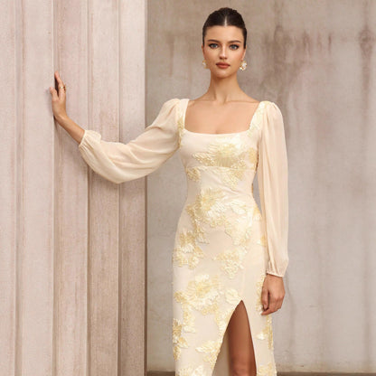 Plate Flower Embroidery Square Collar Slit Banquet Dress