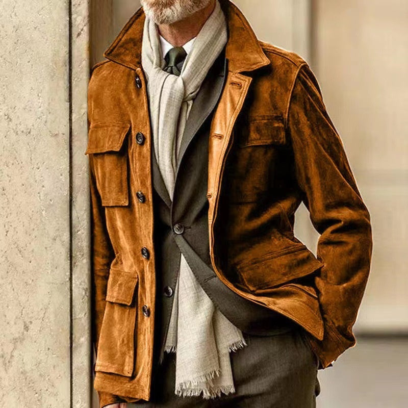 Men's Regular Cowhide Casual Coat And Trench Coat Multi-pocket