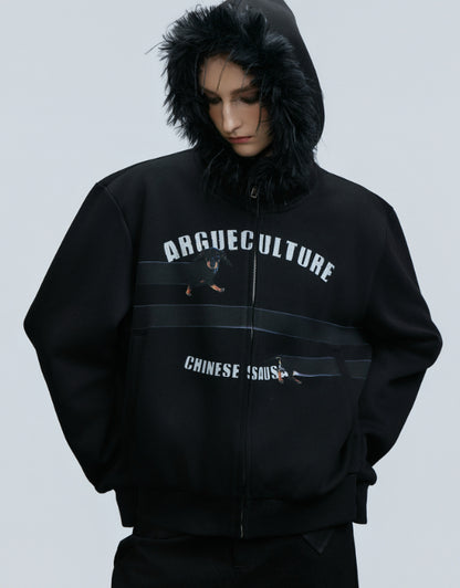Original Retro Fur Collar Hood Sweater Cardigan Diamond Baggy Coat