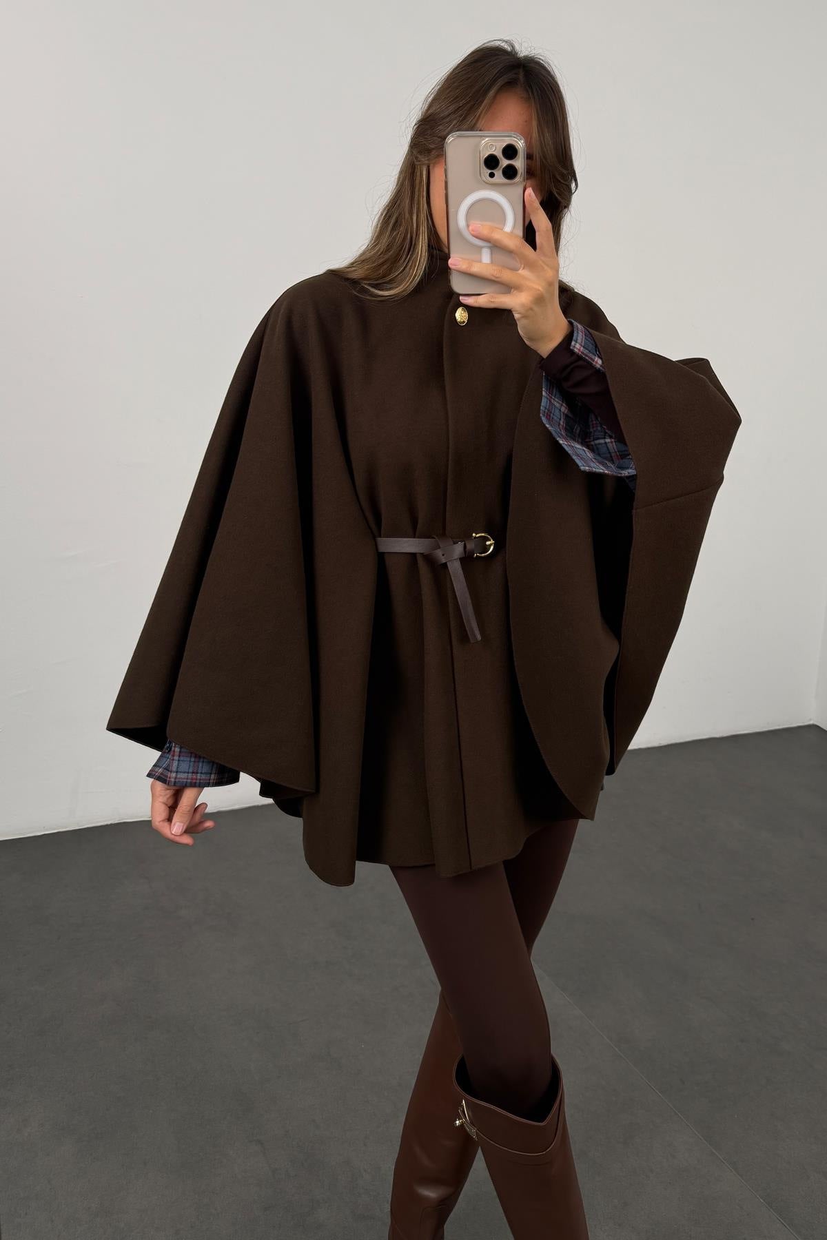 Winter Elegant Style Solid Color Waist Tight Woolen Cape Coat Medium Length
