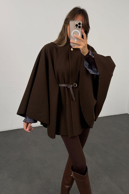 Winter Elegant Style Solid Color Waist Tight Woolen Cape Coat Medium Length