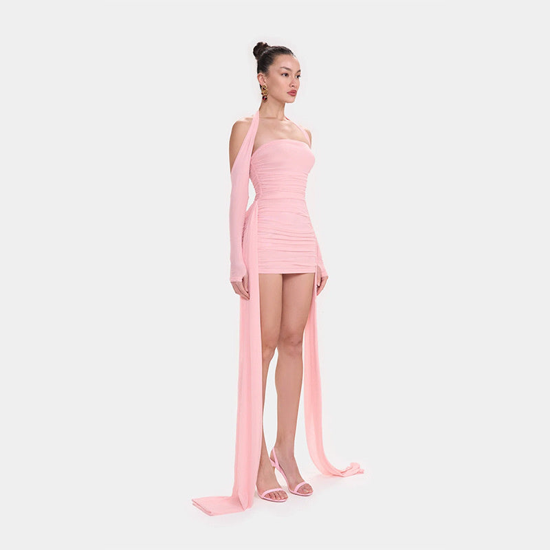 Elegant Pure Pleated Ribbon Sheath Sexy Tight Strapless Dress