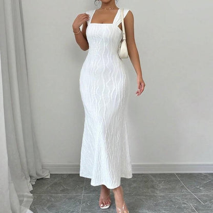 Striped Sexy Square Collar Sling Backless Long Dress