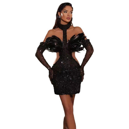 Halter Feather Sequins Short Hip Skirt Dress with Gloves