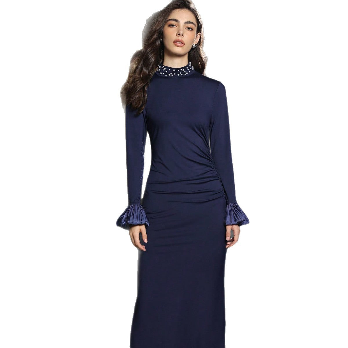 Slim-fit long-sleeved dress with pearl stand collar.