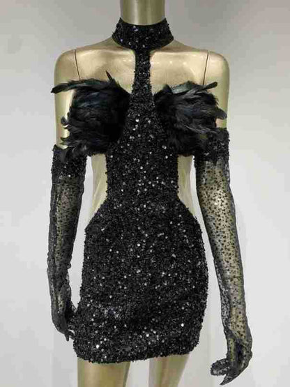 Halter Feather Sequins Short Hip Skirt Dress with Gloves