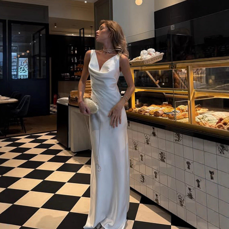 Women's Fashion Swing Collar Dress Satin Dinner Dress