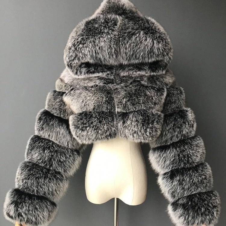 Short Hood Fox Fur Feminino Long Sleeve Stitching Coat