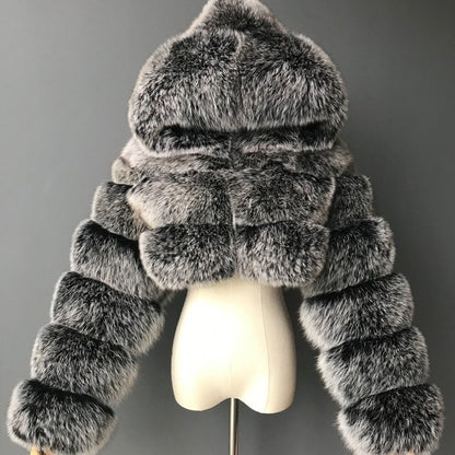 Short Hood Fox Fur Feminino Long Sleeve Stitching Coat