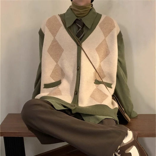 Rhombus V-neck Vest Sweater Cardigan for Men
