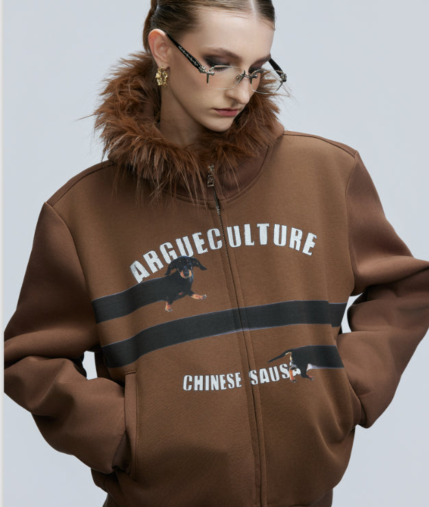 Original Retro Fur Collar Hood Sweater Cardigan Diamond Baggy Coat