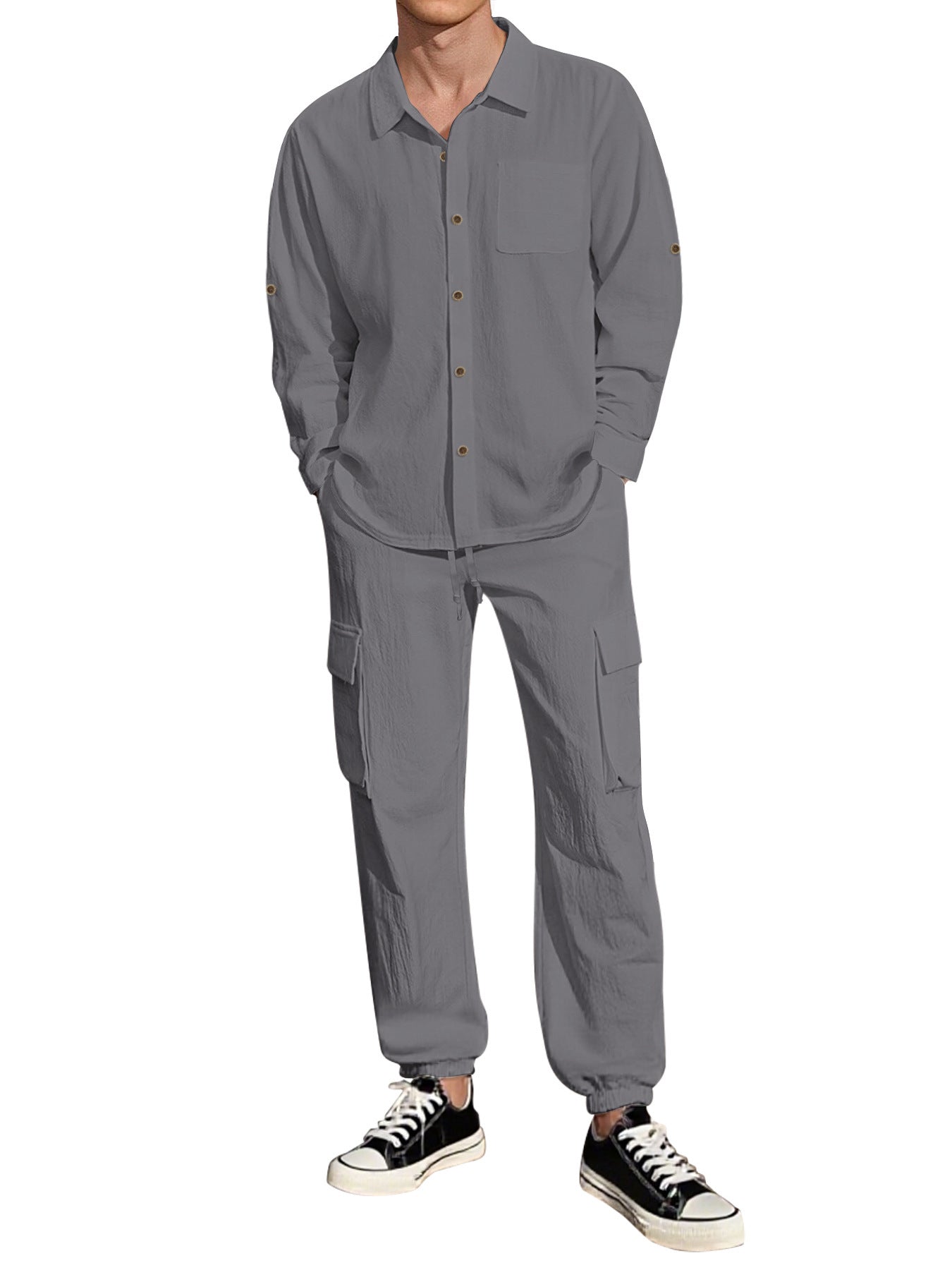 Long Sleeve Lapel Linen Shirt Overalls Suit