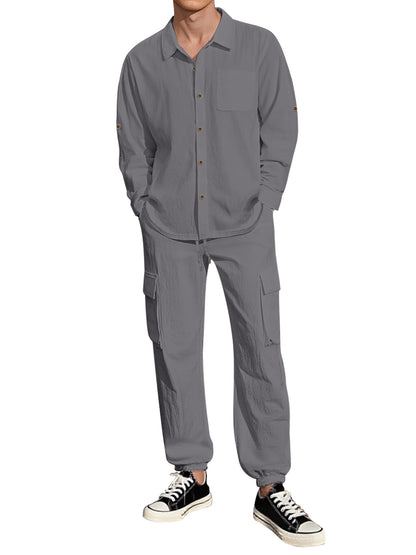 Long Sleeve Lapel Linen Shirt Overalls Suit