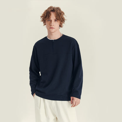 Half Long-sleeve Zipper Men's T-Shirt Autumn High-grade Contrast Color Loose Crew Neck Top