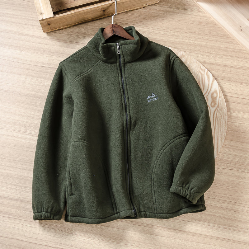 Men's Embroidered Polar Fleece Jacket, Solid Color, All-match Casual