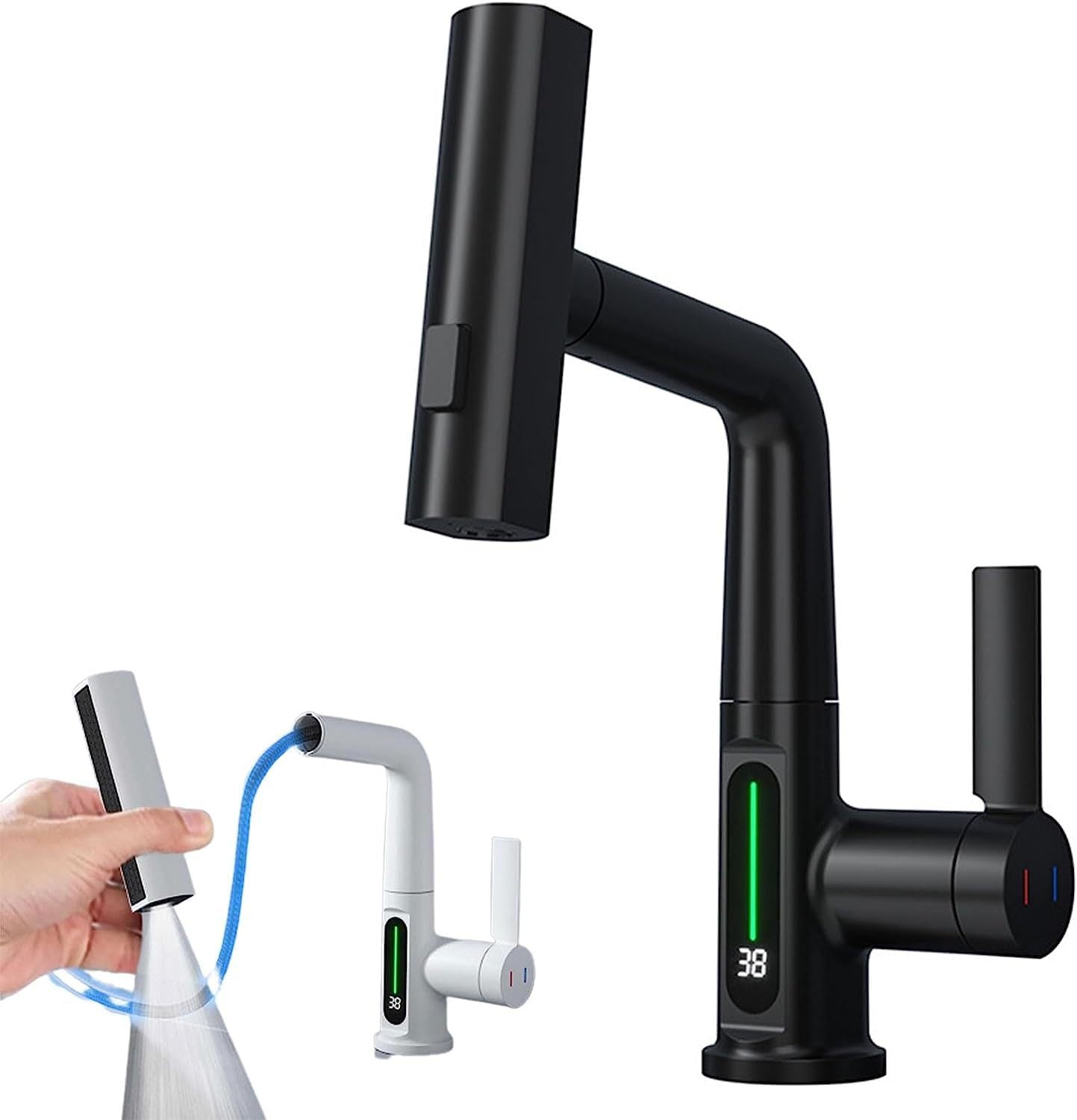 Smart digital display faucet, pull-out basin faucet, temperature digital display, rotation.