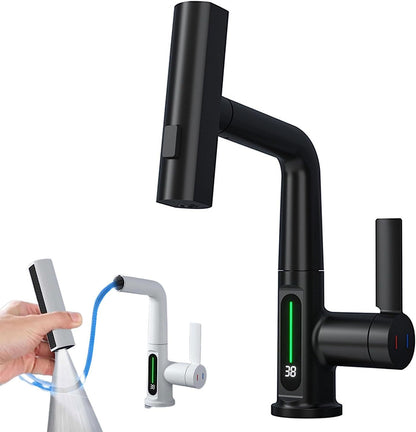 Smart digital display faucet, pull-out basin faucet, temperature digital display, rotation.