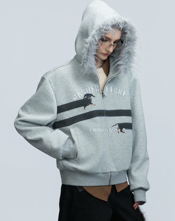 Original Retro Fur Collar Hood Sweater Cardigan Diamond Baggy Coat