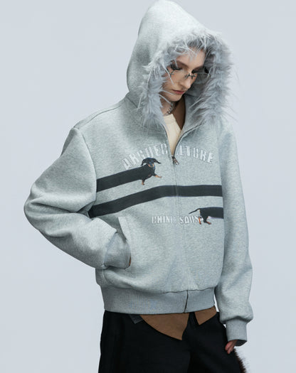 Original Retro Fur Collar Hood Sweater Cardigan Diamond Baggy Coat