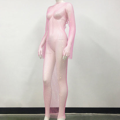 Women's Rhinestone Fishnet Mesh Sexy Slit Fishnet Dress