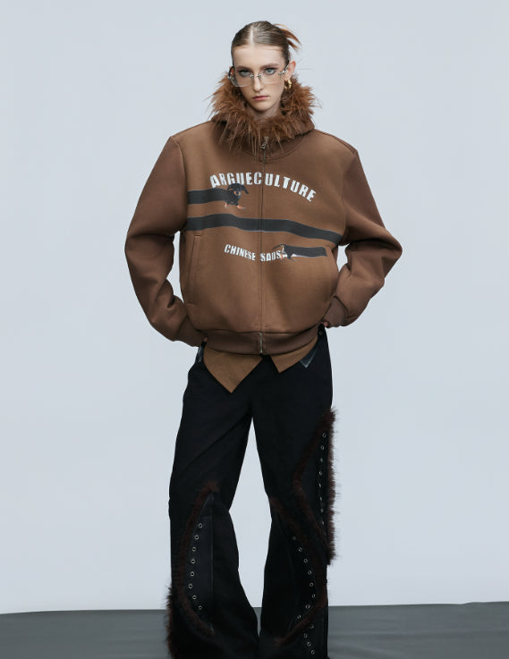 Original Retro Fur Collar Hood Sweater Cardigan Diamond Baggy Coat