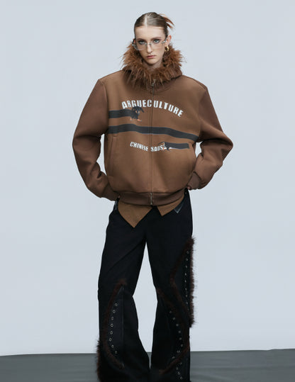 Original Retro Fur Collar Hood Sweater Cardigan Diamond Baggy Coat