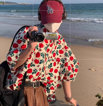 Retro pink printed summer short-sleeved shirt