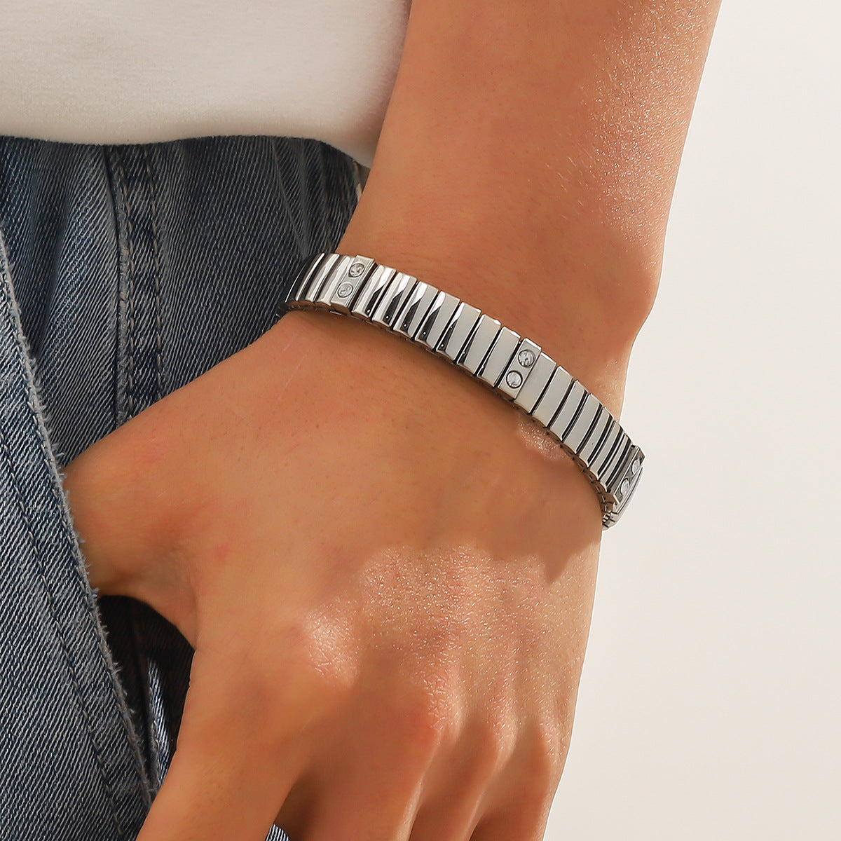 Cold Stainless Steel Diamond Elastic Bracelet for Men