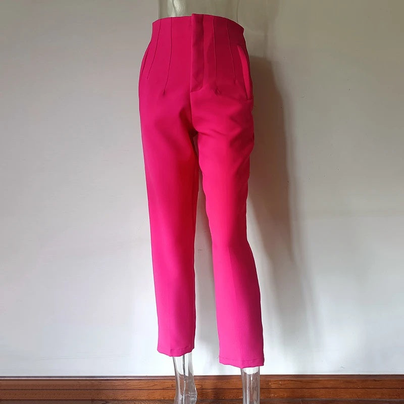 Basic Pleated Casual High Waist Pure Color Slim-fit Pants